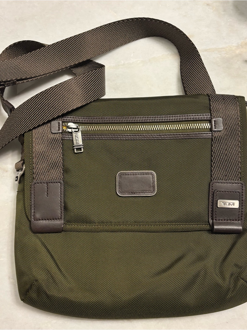 Tumi Olive Green Messenger Bag With Brown Trim